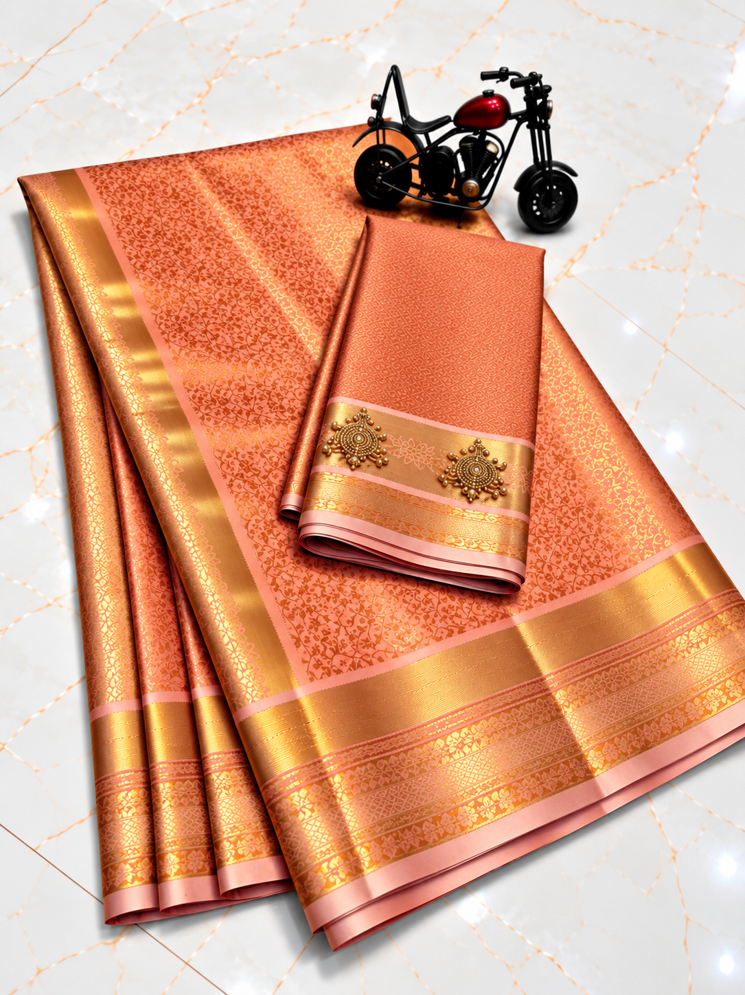 Von Prominenten inspirierter orangefarbener Semi-Seiden-Sari mit Aari-Arbeit-Bluse - Celebrity065
