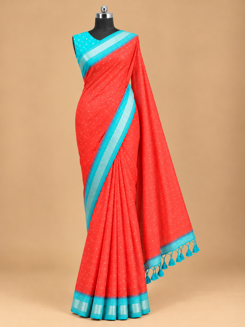 Elegant Red & Sky Blue Crimson Elegance Zari Fancy Viscose Saree  - MS068