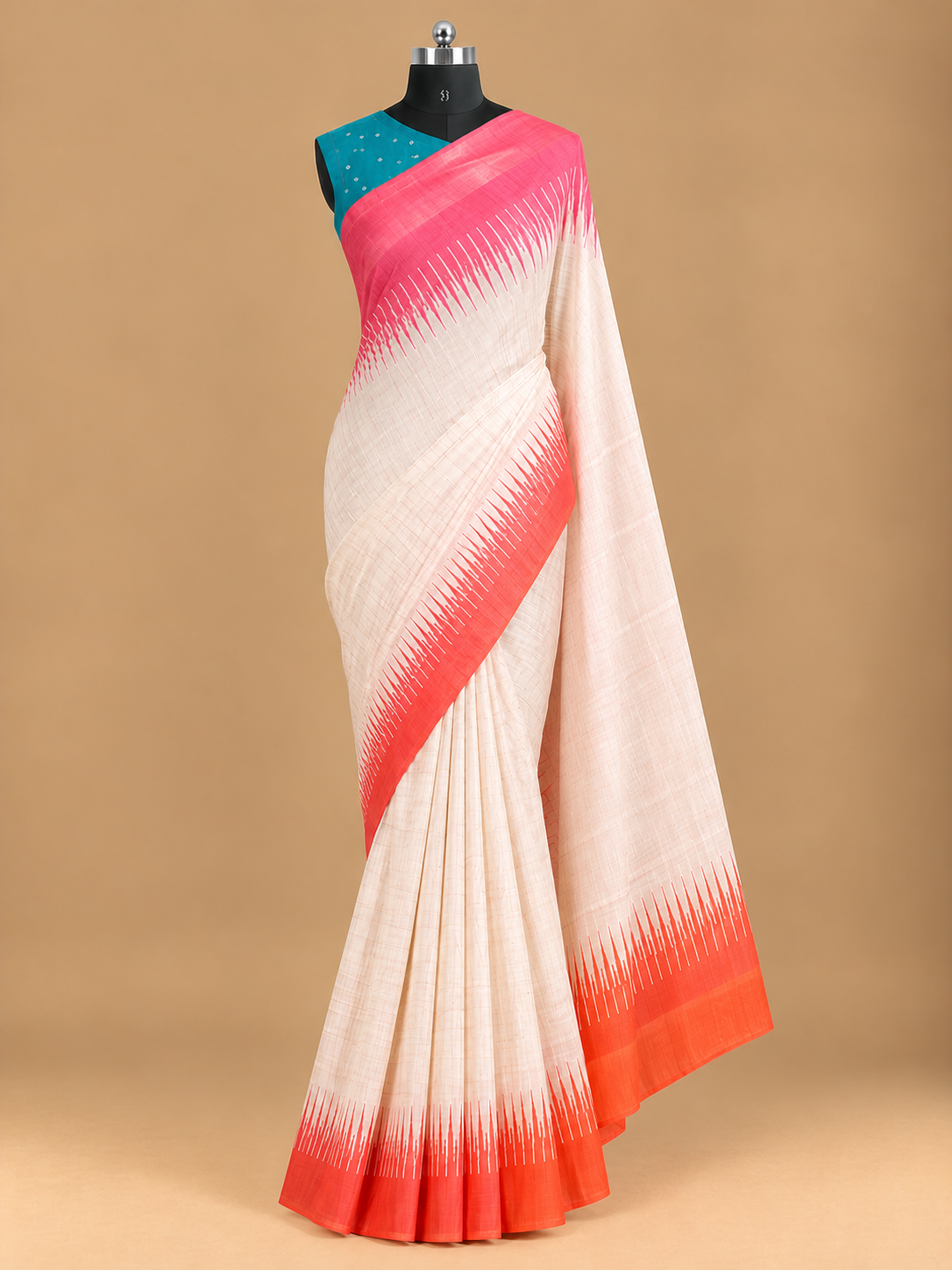 Elegantes pink-orangefarbenes Semi-Tussar-Seidensaree - SS061