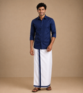 Men's Dark Blue Cotton Dhoti with Matching Colour Shirt Set - MMS028