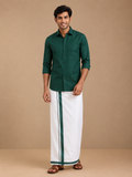 Men's Dark Green Cotton Dhoti with Matching Colour Shirt Set - MMS028