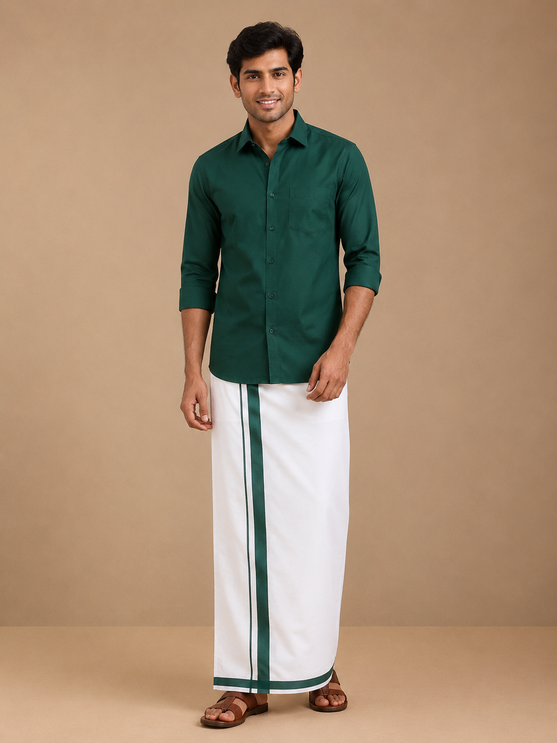 Men's Dark Green Cotton Dhoti with Matching Colour Shirt Set - MMS028