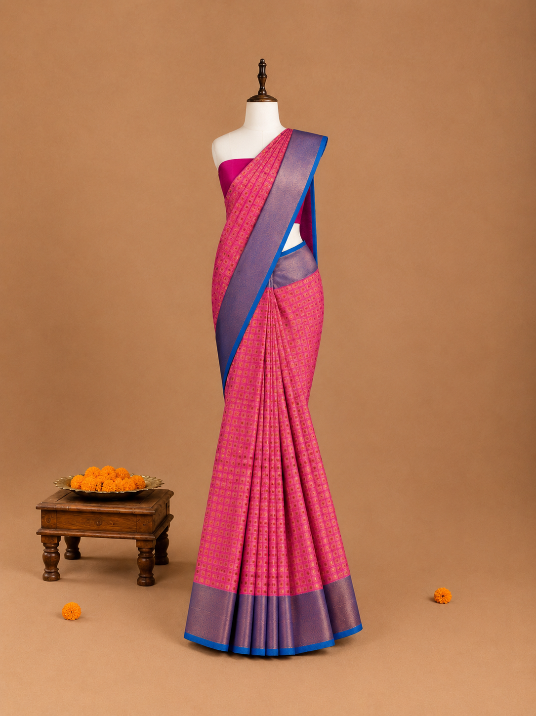 Luxuriöser Rani-Pink Sari aus Halbseide mit durchgehendem 1000-Butta-Zari-Muster - TP063