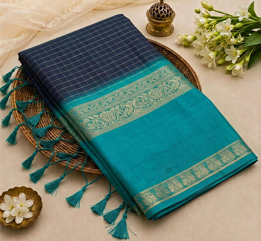 Elegant Navy Blue Small Checks Fancy Mysore Silk Saree with Tassels - FM047