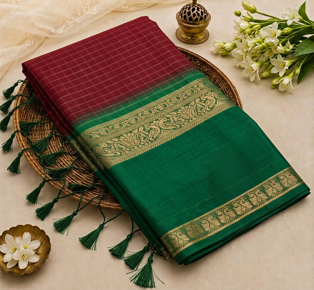 Elegant Maroon Small Checks Fancy Mysore Silk Saree with Tassels - FM047