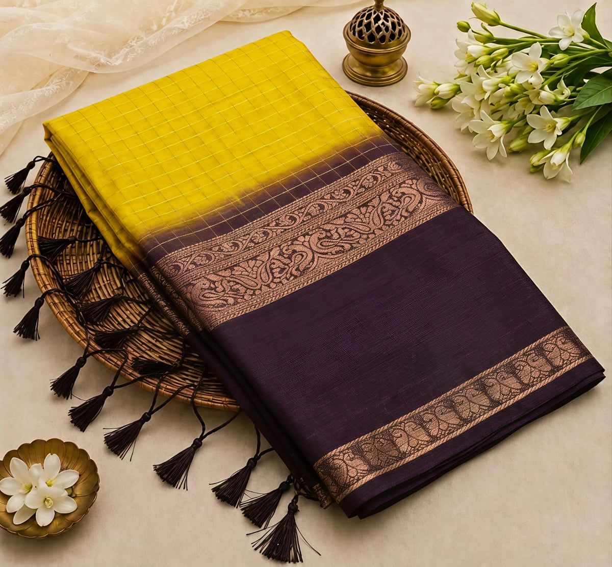 Elegant Yellow Small Checks Fancy Mysore Silk Saree with Tassels - FM047