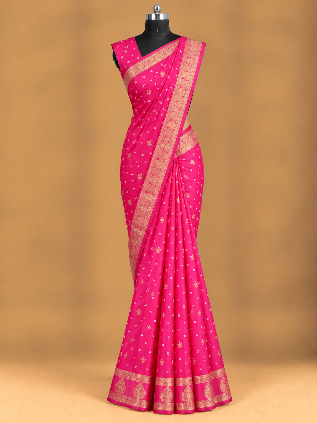 Elegantes Ranipink Retta Betta Zari-Bordüren-Sari aus Khadi-Viskose - SW074