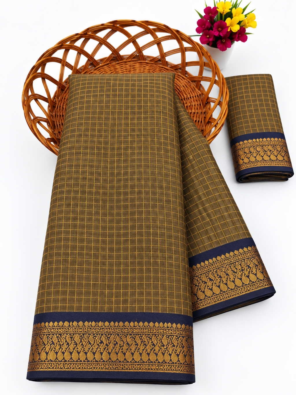 Elegant Golden Khaki Mangalagiri Checks Cotton Saree with Zari Border - MG043