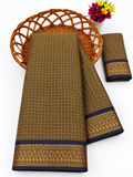 Elegant Golden Khaki Mangalagiri Checks Cotton Saree with Zari Border - MG043