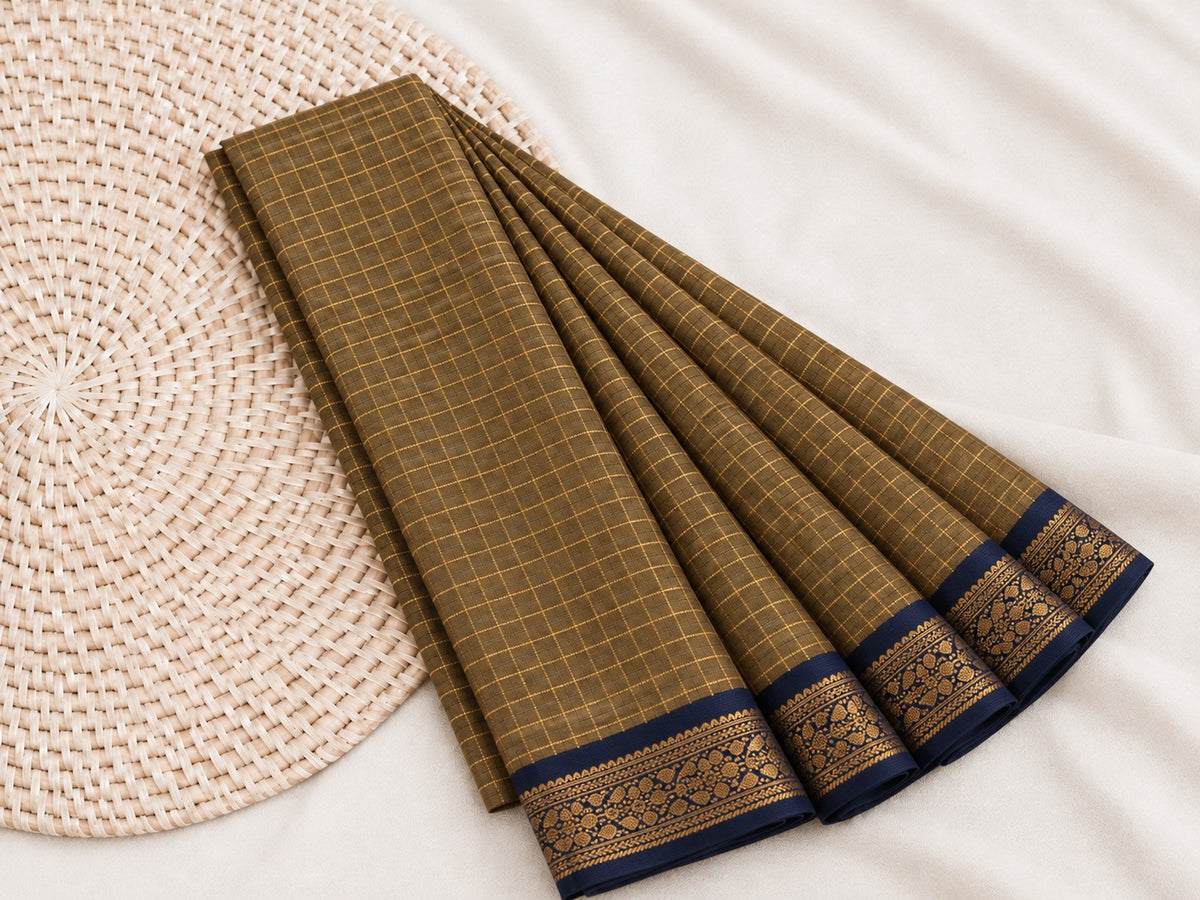 Elegant Golden Khaki Mangalagiri Checks Cotton Saree with Zari Border - MG043