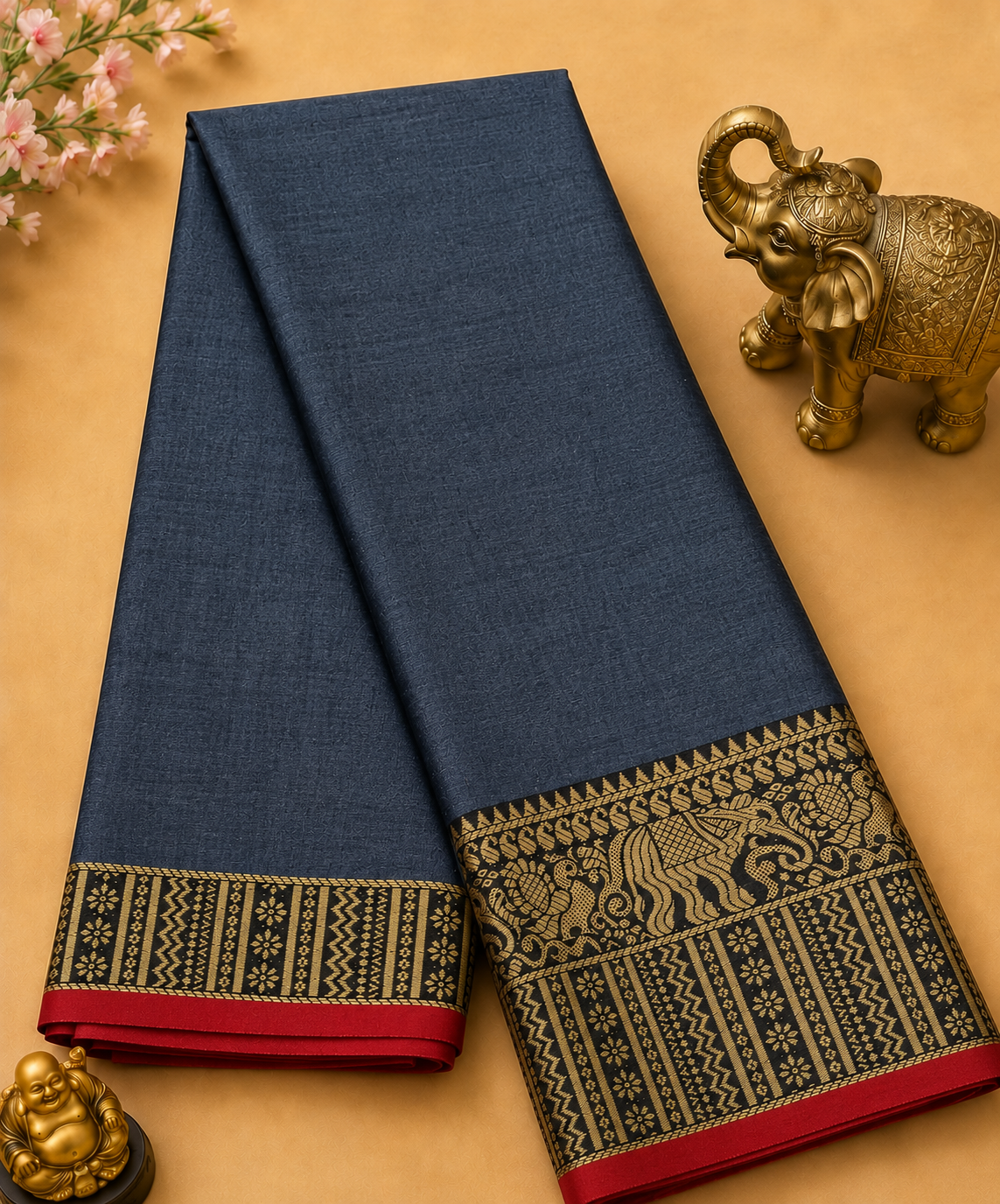 Elegant Grey Narayanpet Plain Silk Cotton Saree with Big Woven Zari Border