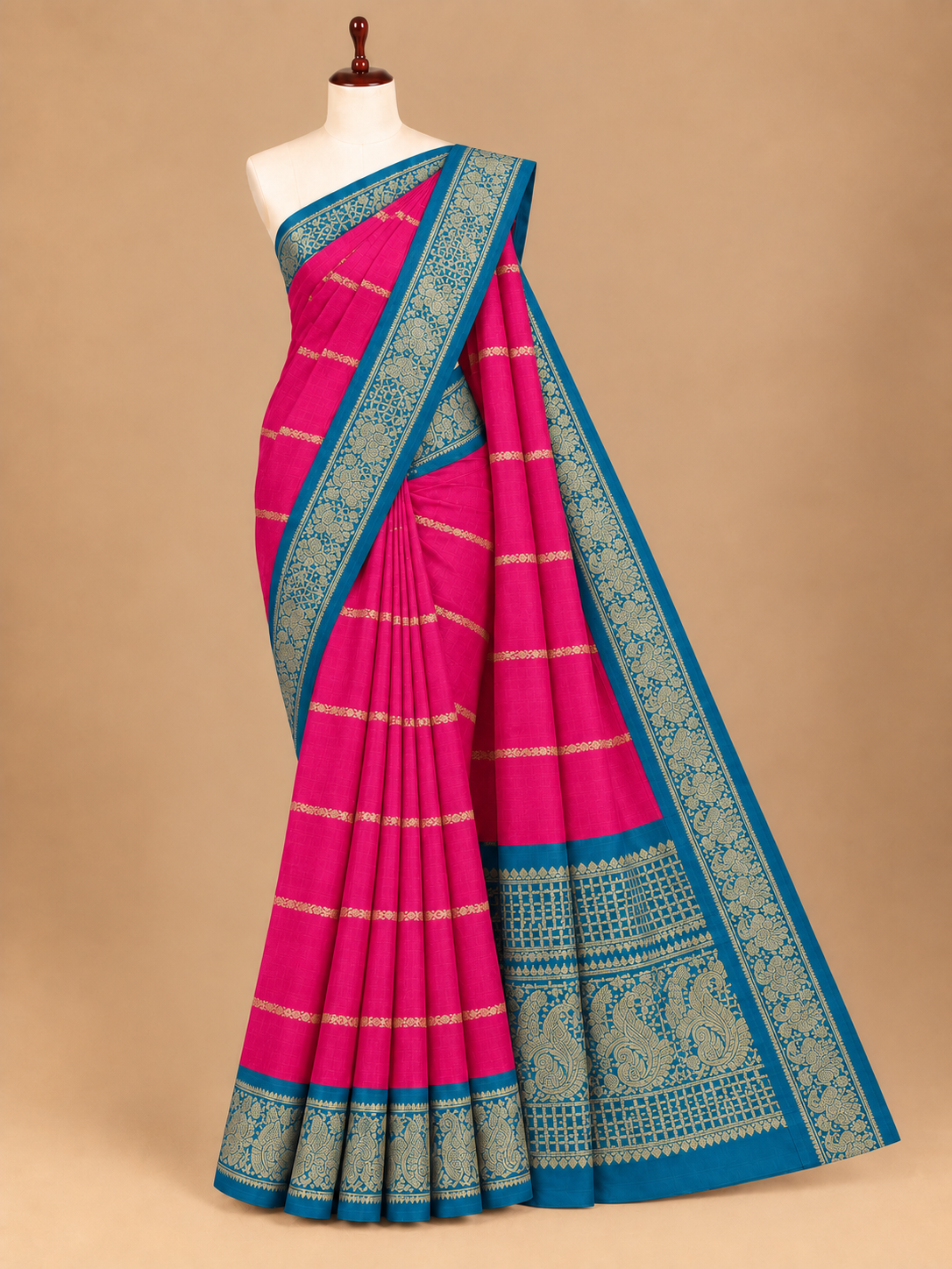 Elegantes Rani-Pink gestreiftes Sungudi-Baumwoll-Sari mit Velthari-Muster - SC065