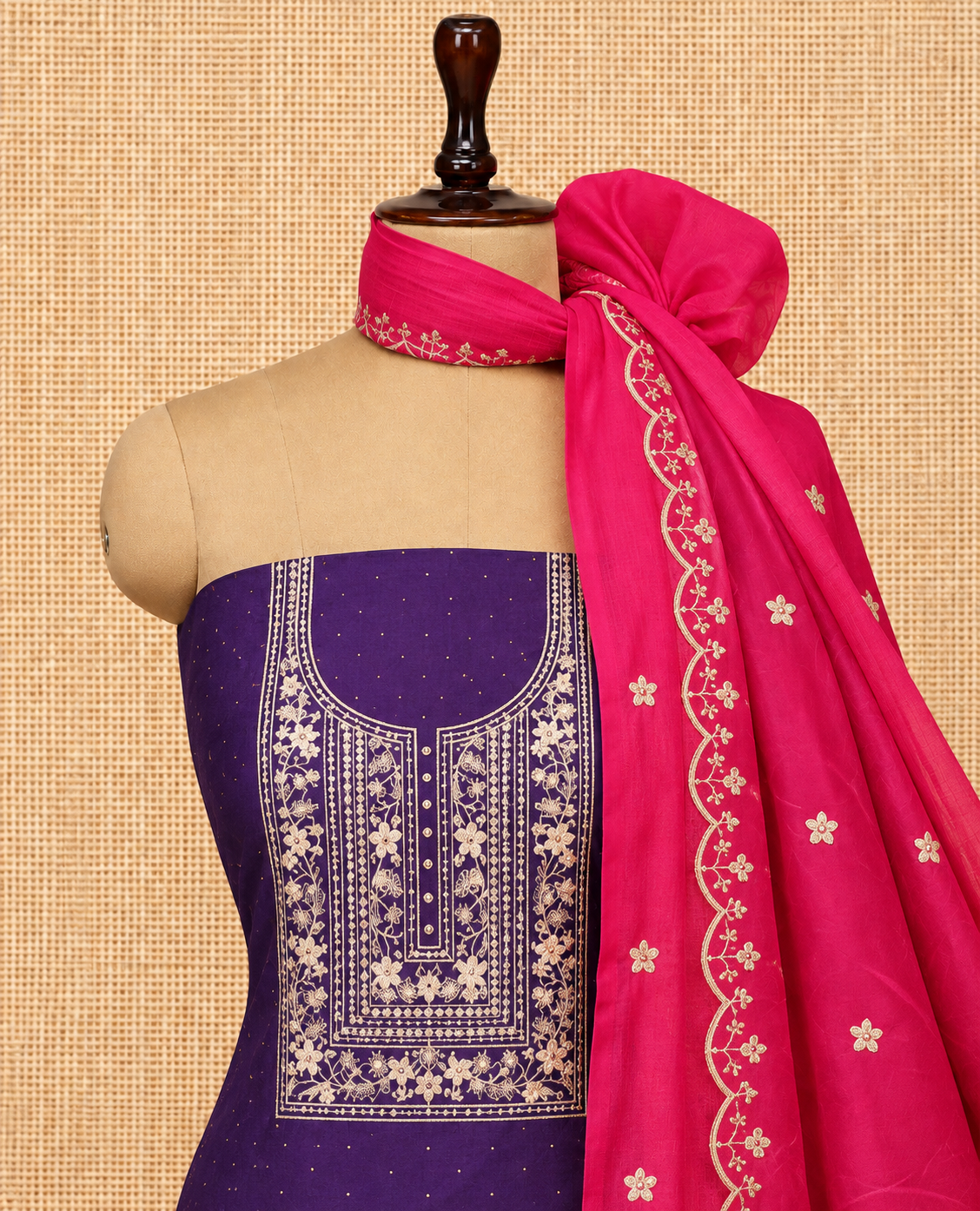 Elegant Royal Purple Embroidered Cotton Silk Salwar Material - SM060