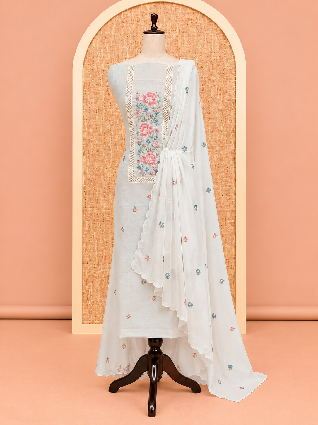 Elegant Off-White Embroidered Cotton Salwar Material - SM060