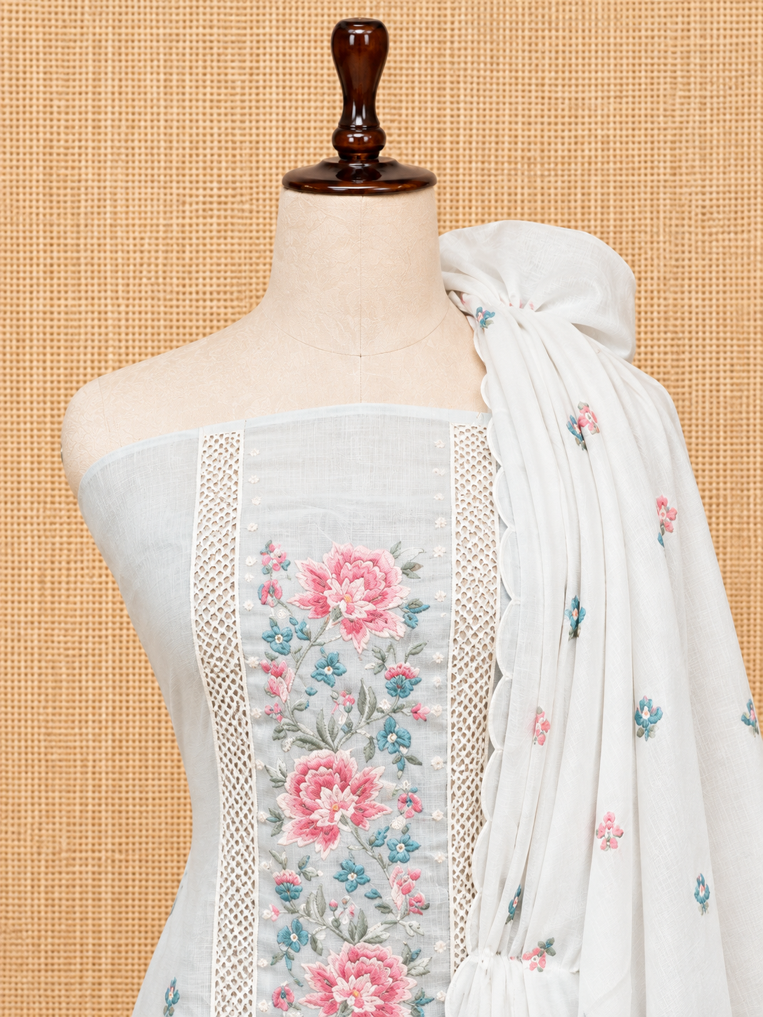 Elegant Off-White Embroidered Cotton Salwar Material - SM060
