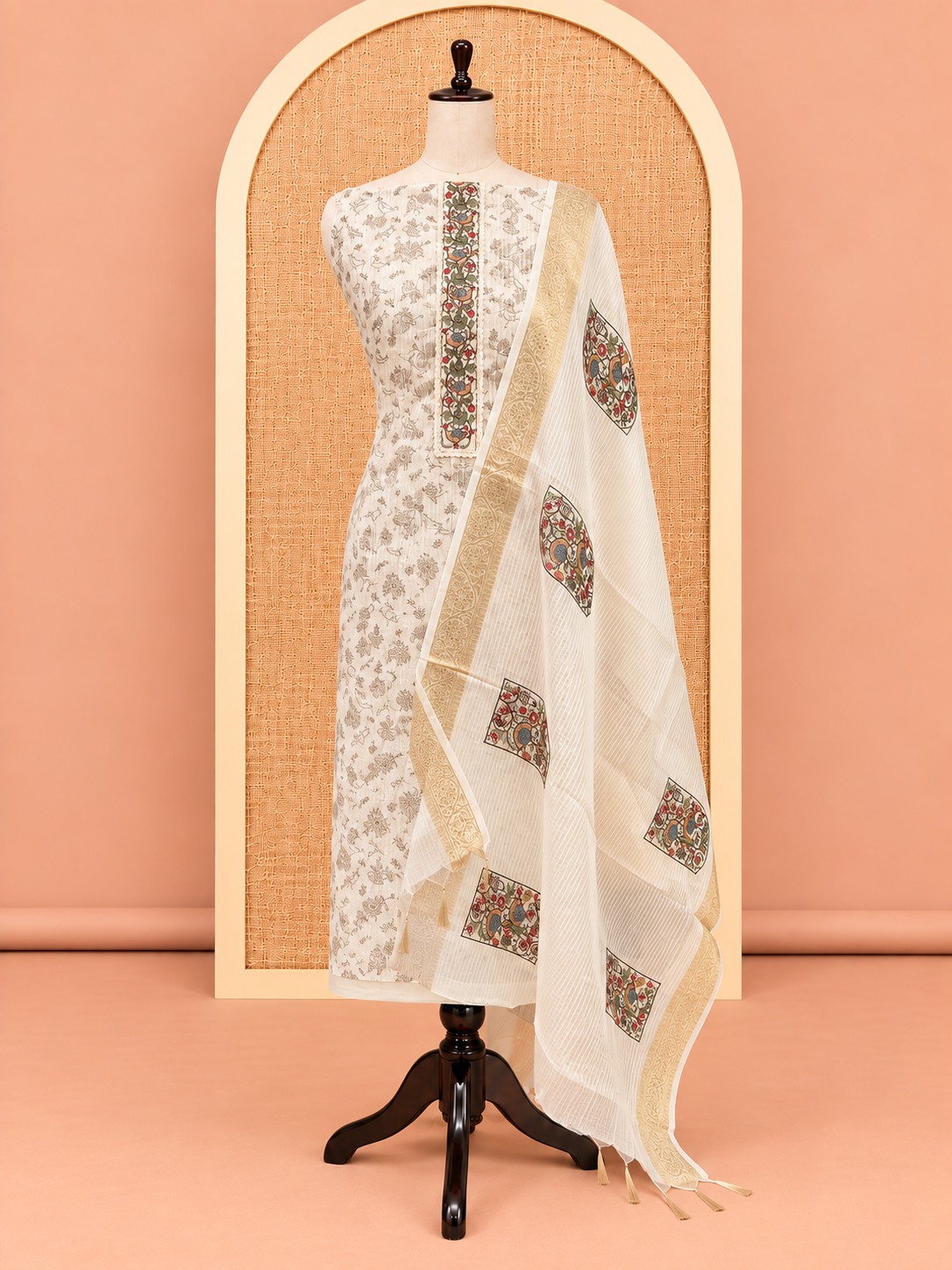 Elegant Ivory White Floral Bird Printed Cotton Salwar Material - SM060