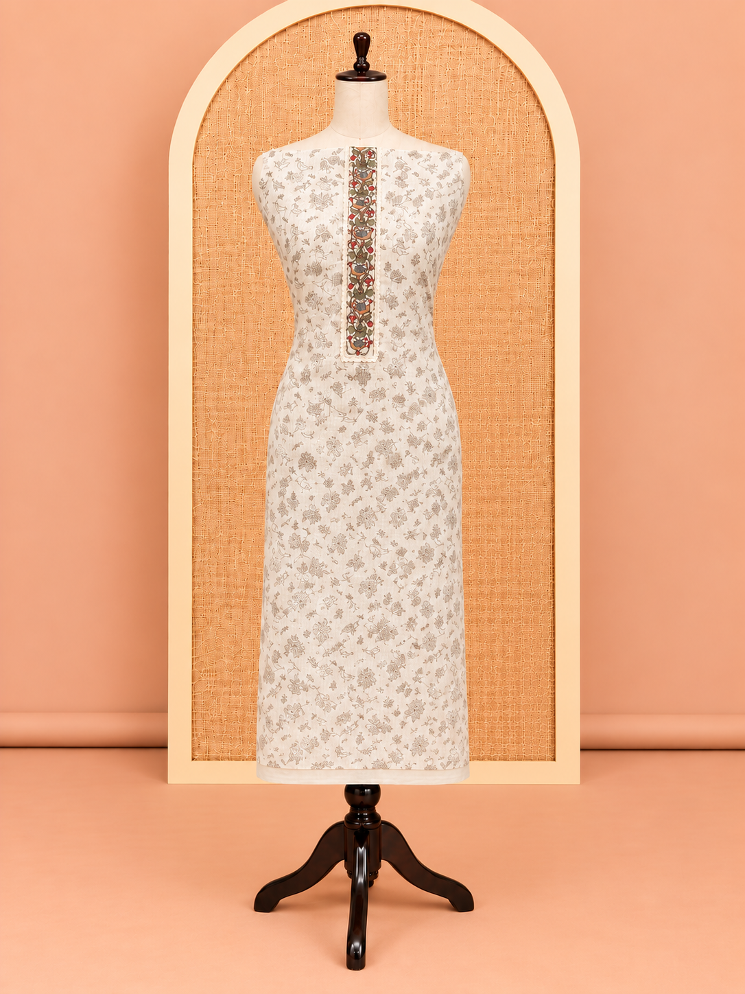 Elegant Ivory White Floral Bird Printed Cotton Salwar Material - SM060
