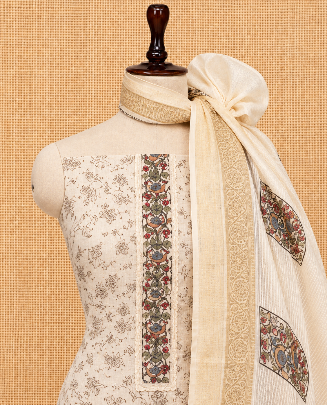 Elegant Ivory White Floral Bird Printed Cotton Salwar Material - SM060