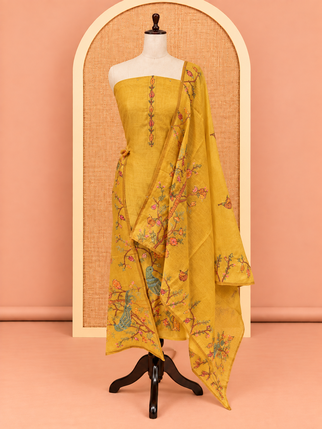 Elegant Mustard Yellow Bird & Floral Branch Print Cotton Salwar Material - SM060