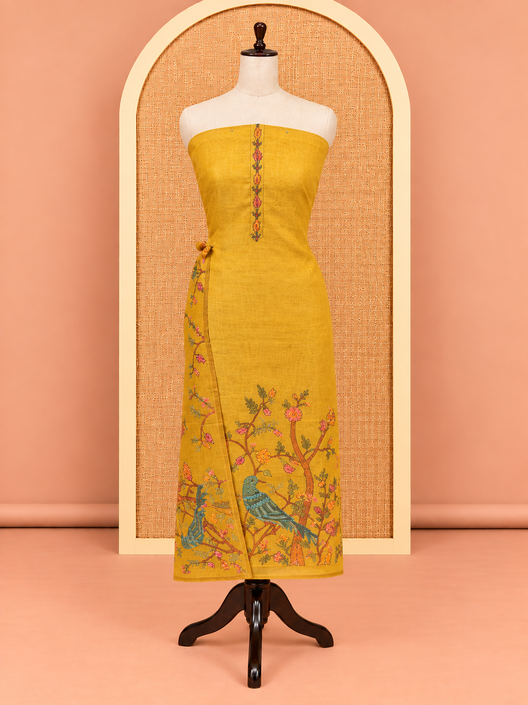Elegant Mustard Yellow Bird & Floral Branch Print Cotton Salwar Material - SM060