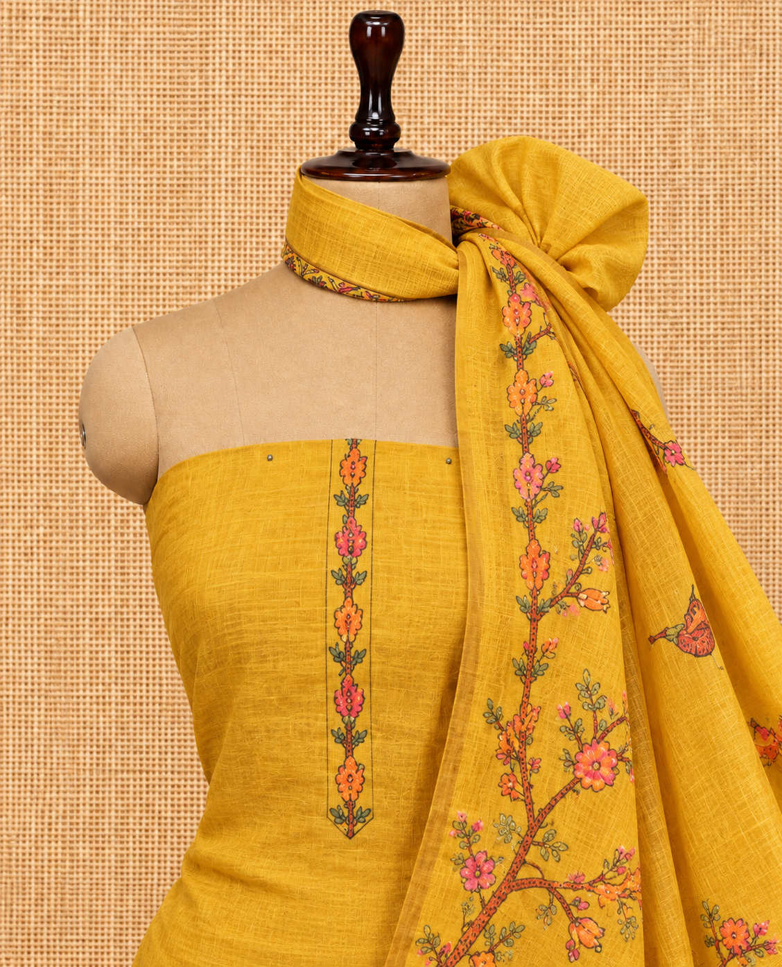 Elegant Mustard Yellow Bird & Floral Branch Print Cotton Salwar Material - SM060
