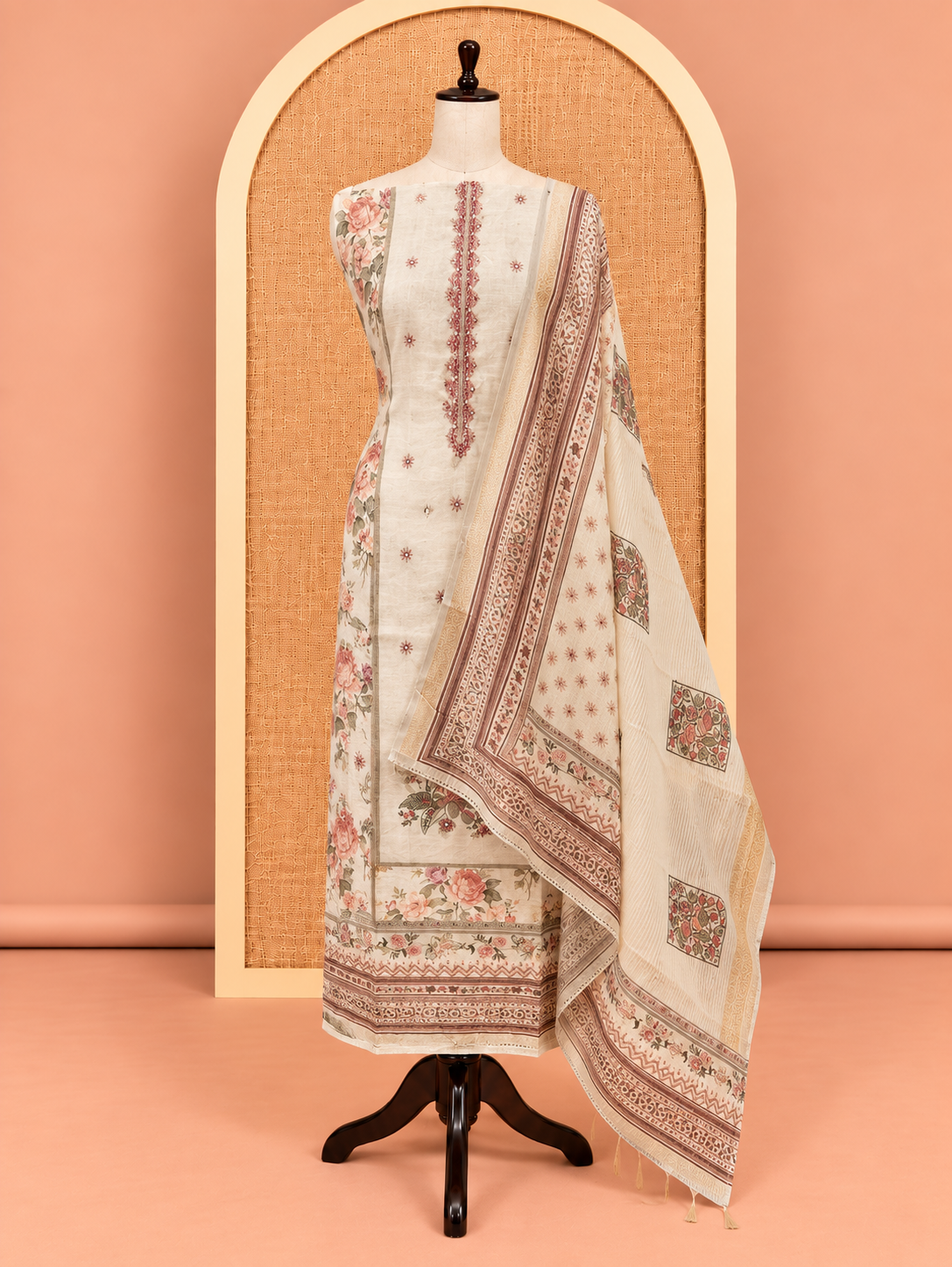 Elegant Ivory Floral Print with Embroidered Cotton Salwar Material - SM060