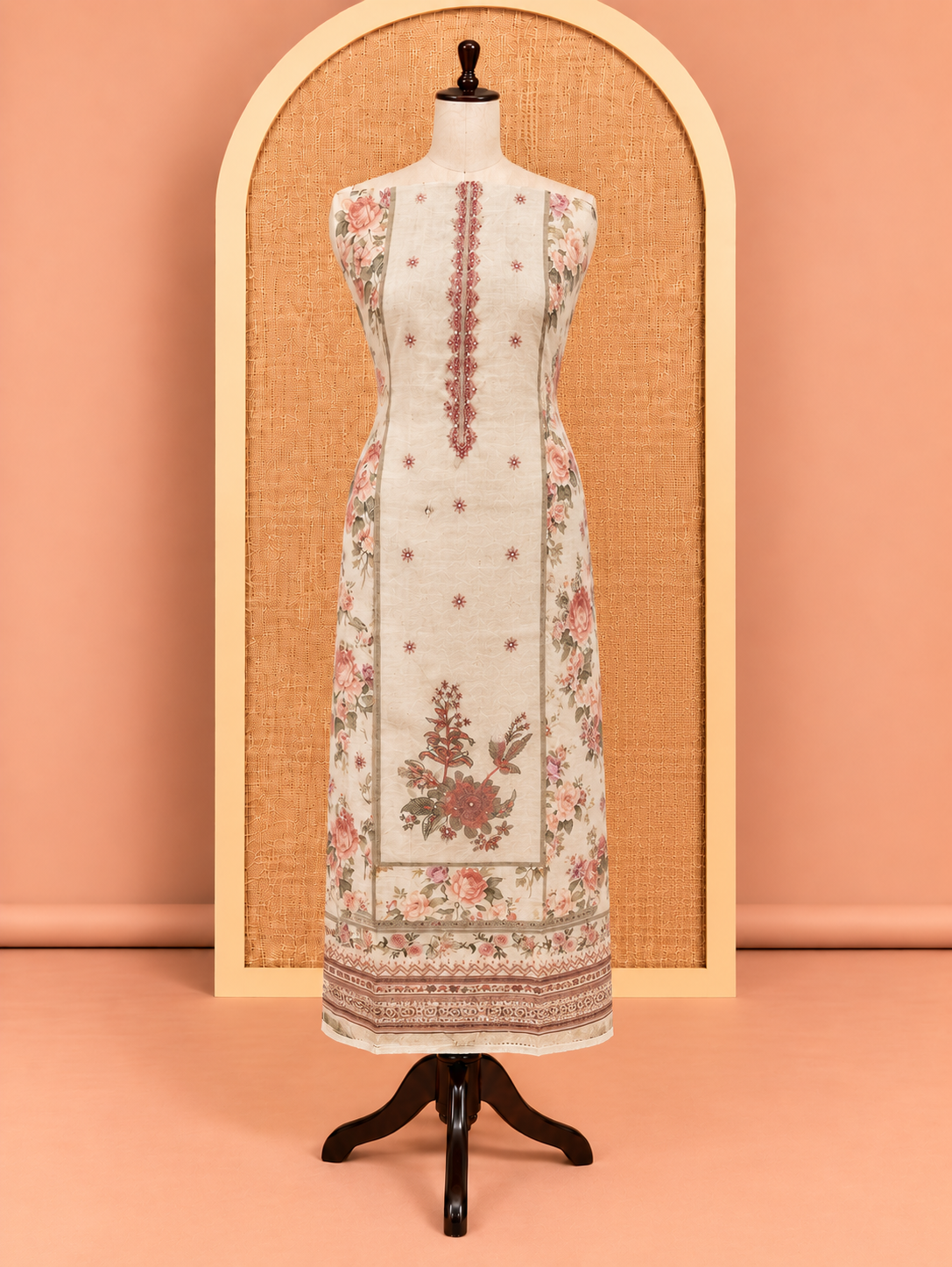 Elegant Ivory Floral Print with Embroidered Cotton Salwar Material - SM060