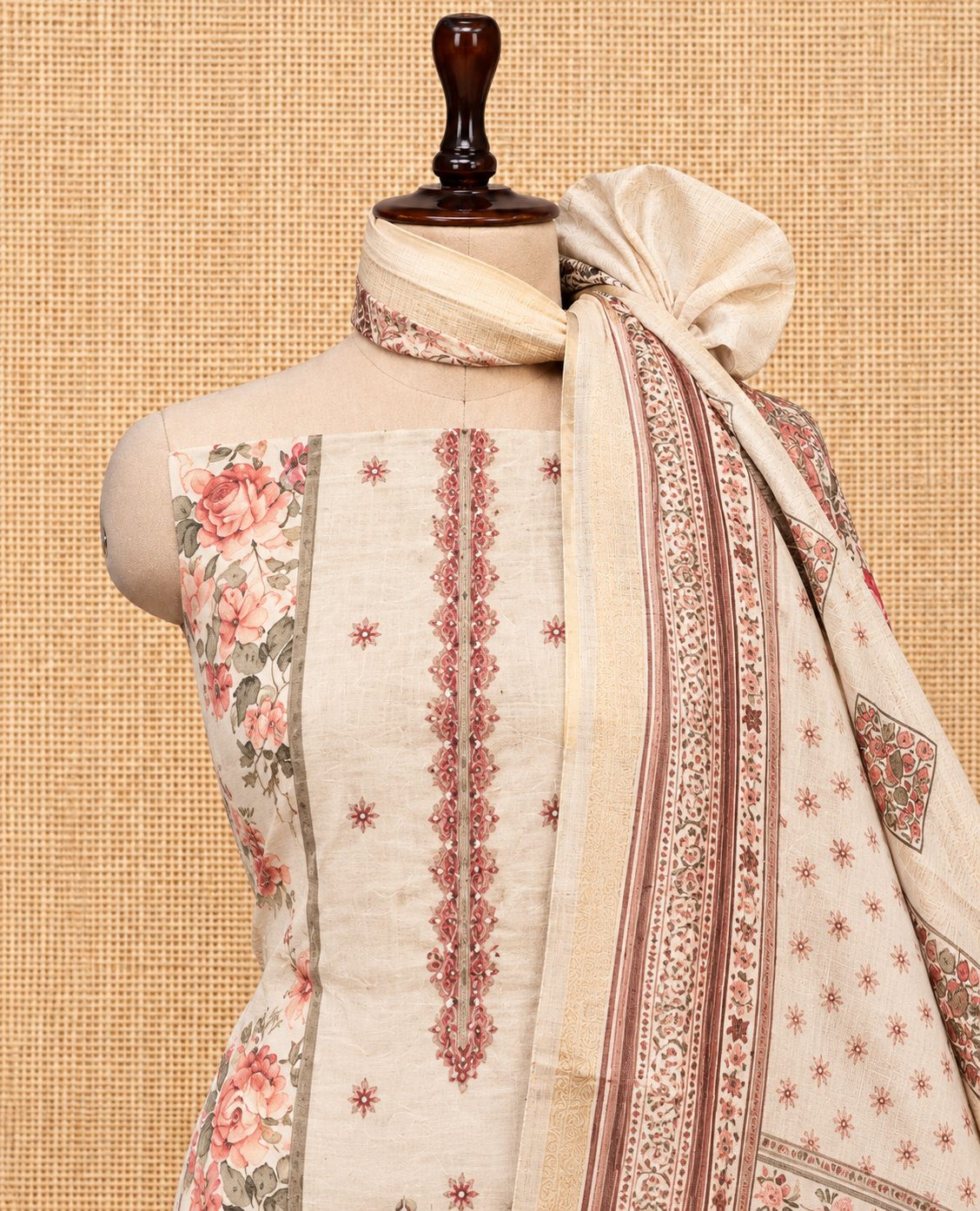 Elegant Ivory Floral Print with Embroidered Cotton Salwar Material - SM060