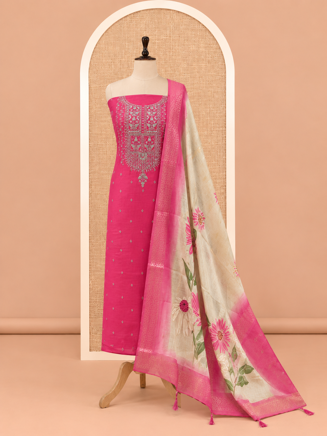 Elegant Rani Pink Thread & Stone Embroidered Cotton Silk Salwar Material - SM060