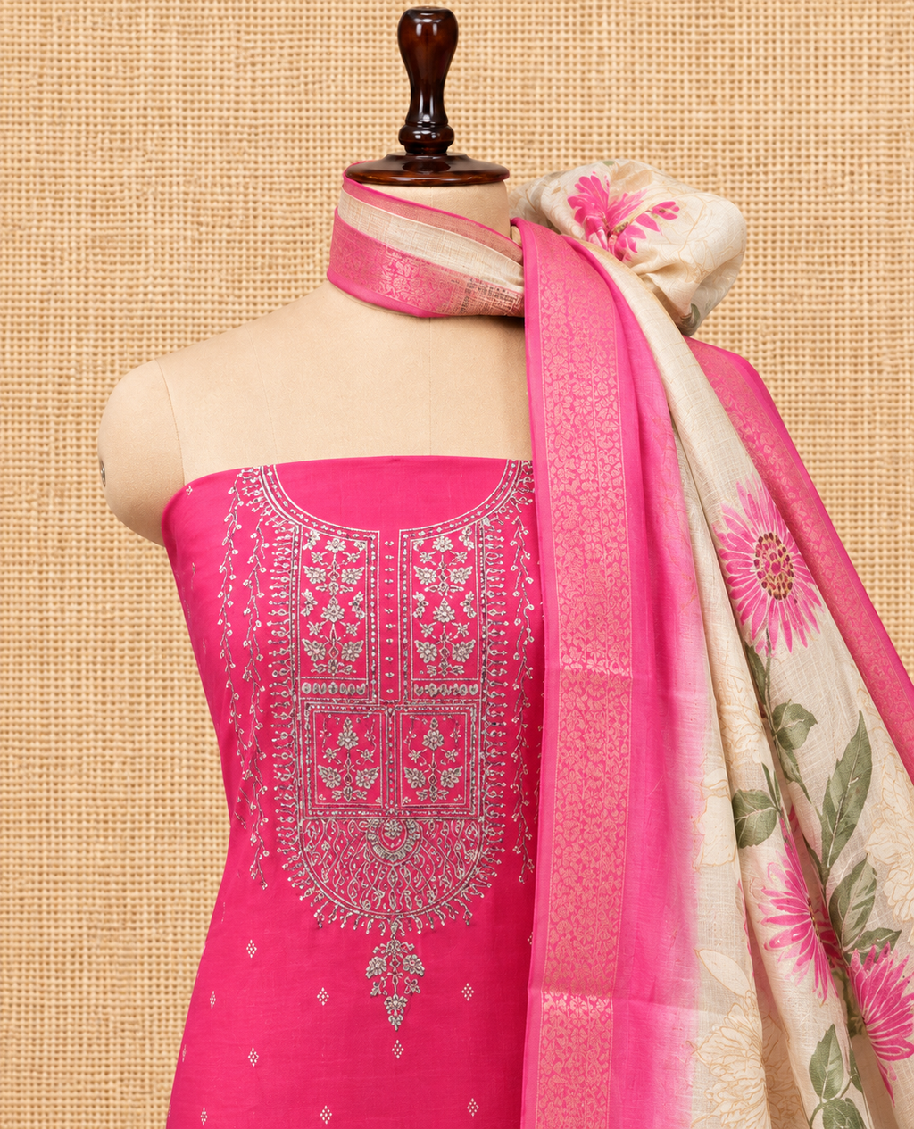 Elegant Rani Pink Thread & Stone Embroidered Cotton Silk Salwar Material - SM060