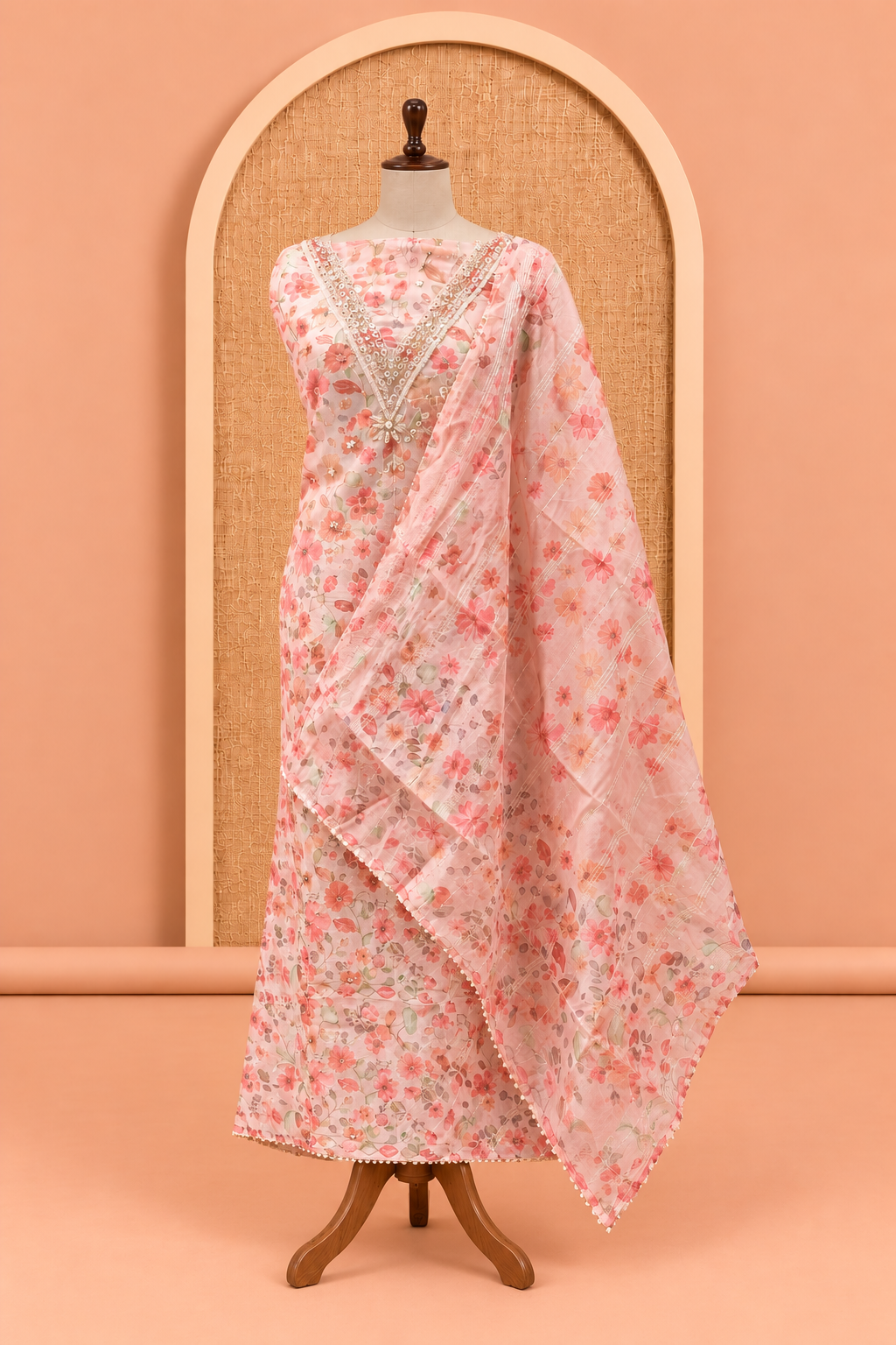 Elegant Peach Pink Floral Print Cotton Silk Salwar Material - SM060