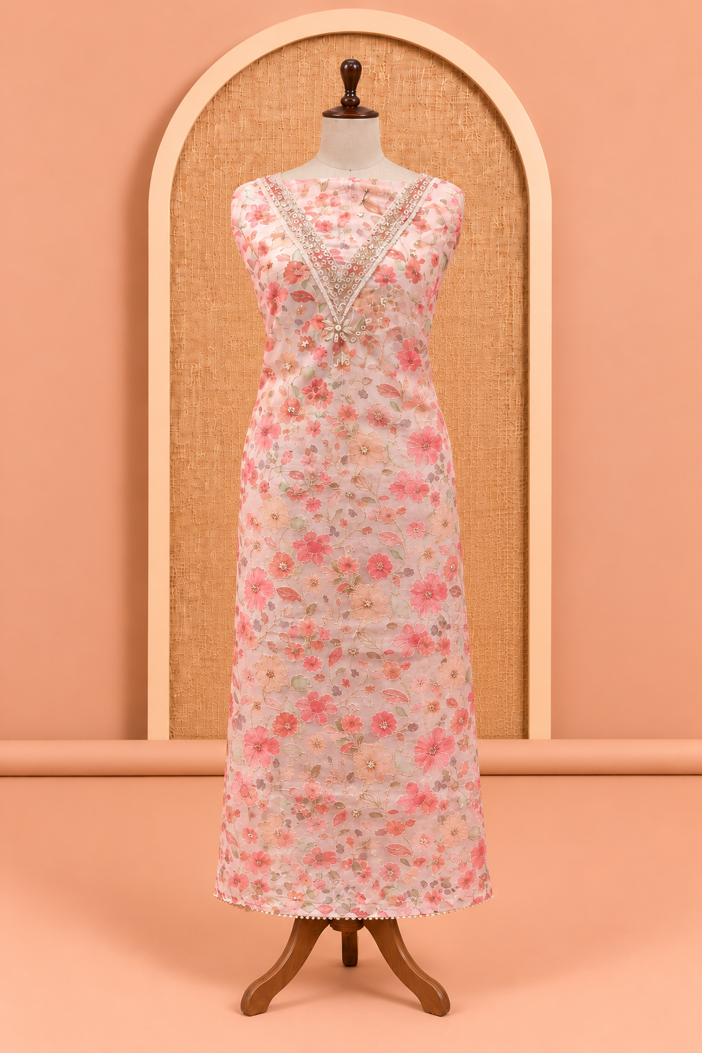 Elegant Peach Pink Floral Print Cotton Silk Salwar Material - SM060