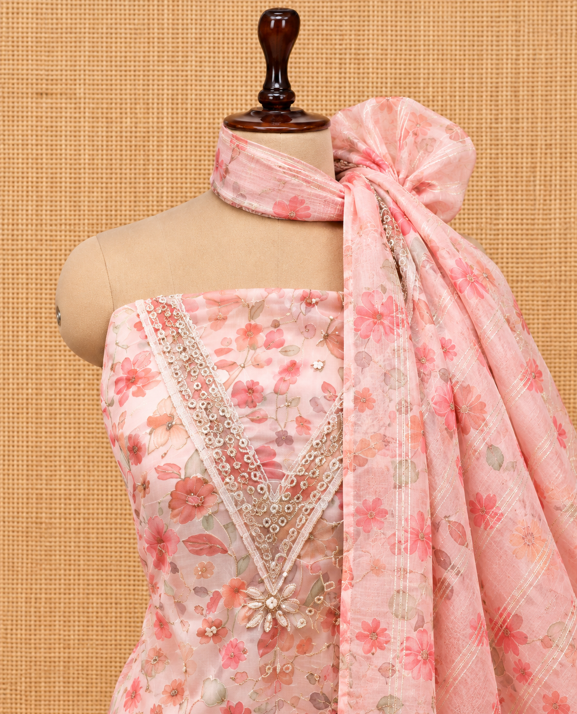 Elegant Peach Pink Floral Print Cotton Silk Salwar Material - SM060