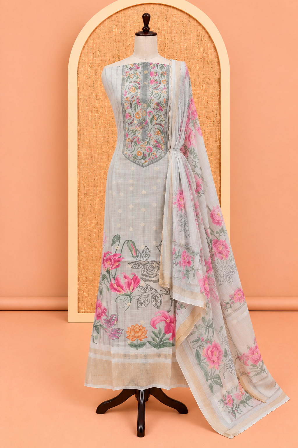 Elegant Pastel Grey Digital Floral Print Cotton Silk Salwar Material - SM060