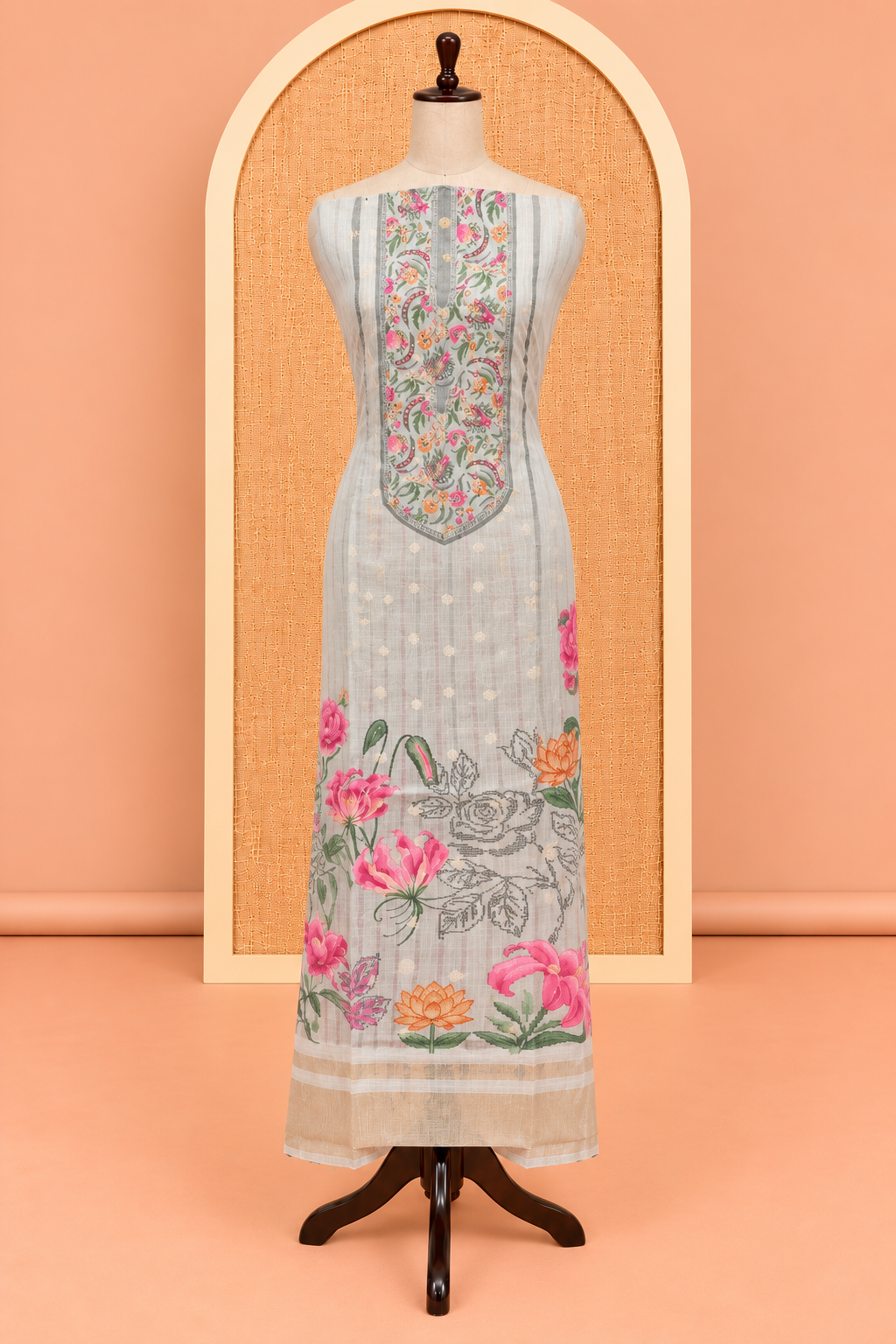 Eleganter digitaler Blumenprint in Pastellgrau, Salwar-Stoff aus Baumwollseide – SM060