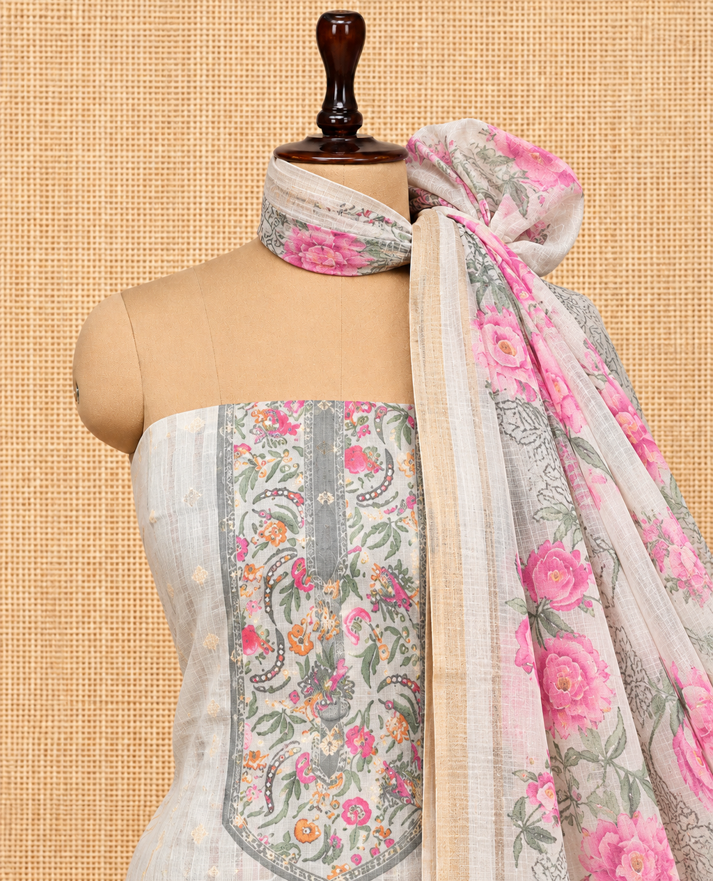 Eleganter digitaler Blumenprint in Pastellgrau, Salwar-Stoff aus Baumwollseide – SM060