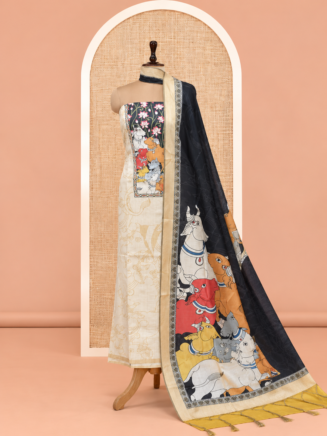 Elegant Cream Pichwai Cow Digital Print Cotton Salwar Material - SM060