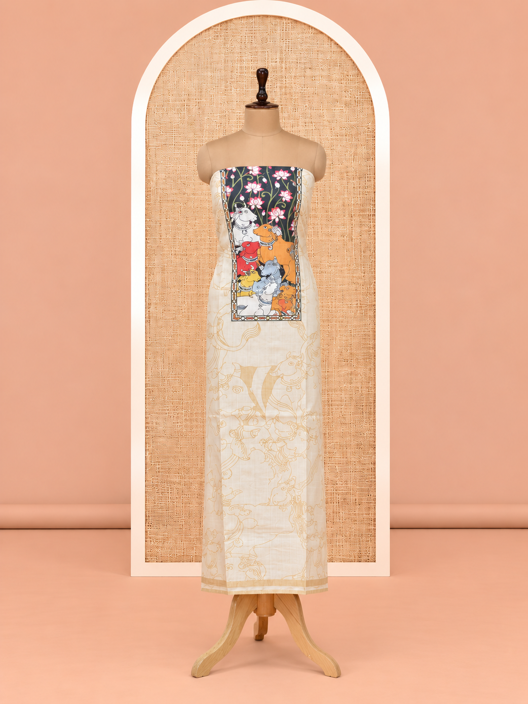 Elegant Cream Pichwai Cow Digital Print Cotton Salwar Material - SM060