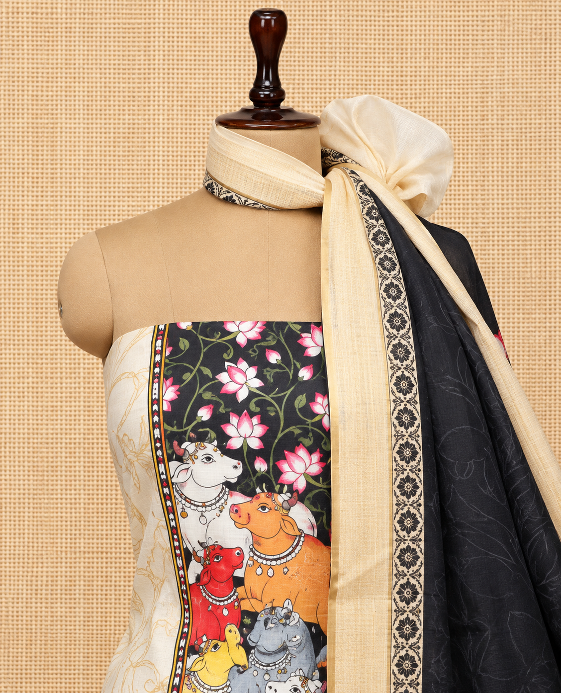 Elegant Cream Pichwai Cow Digital Print Cotton Salwar Material - SM060