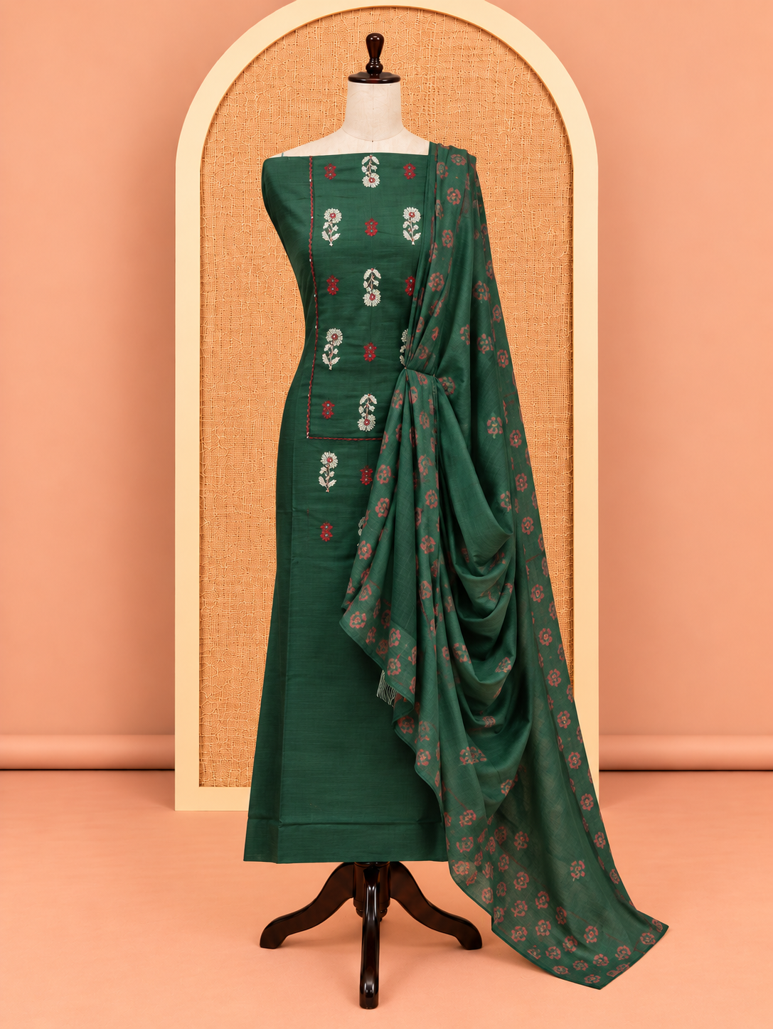 Elegant Bottle Green Floral Butta Embroidery Cotton Salwar Material - SM060
