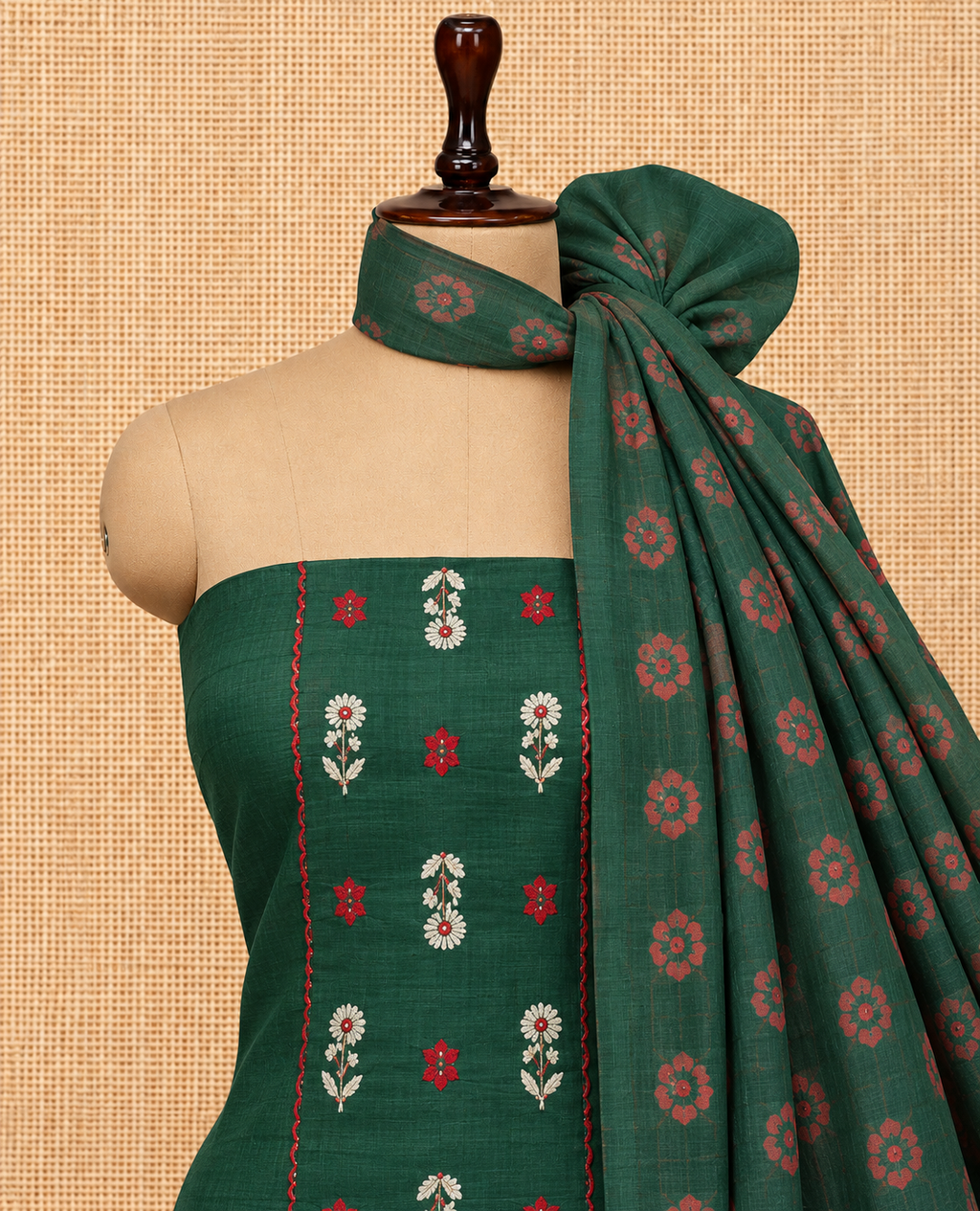 Elegant Bottle Green Floral Butta Embroidery Cotton Salwar Material - SM060