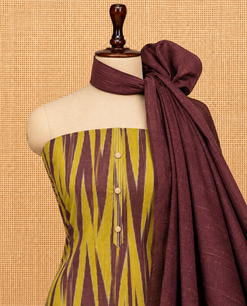 Elegantes Salwar-Material aus Baumwolle mit olivgrünem Ikat-Druck – SM060