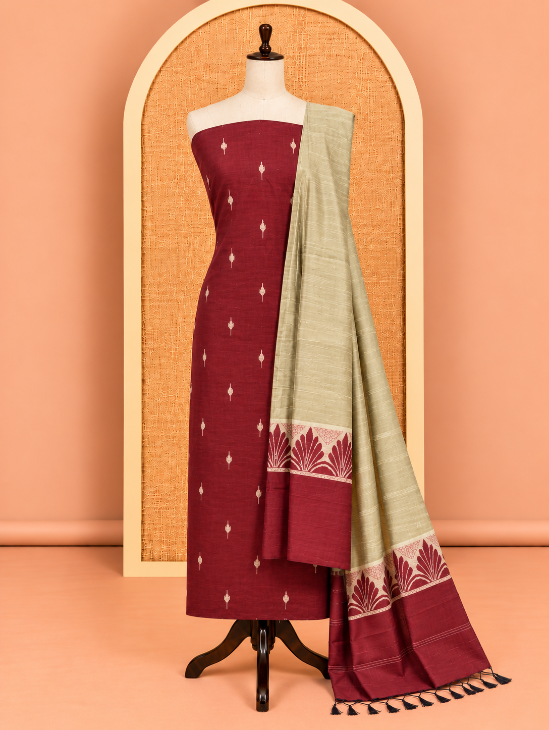 Elegant Maroon Woven Checks with Leaf Butta Cotton Salwar Material - SM060
