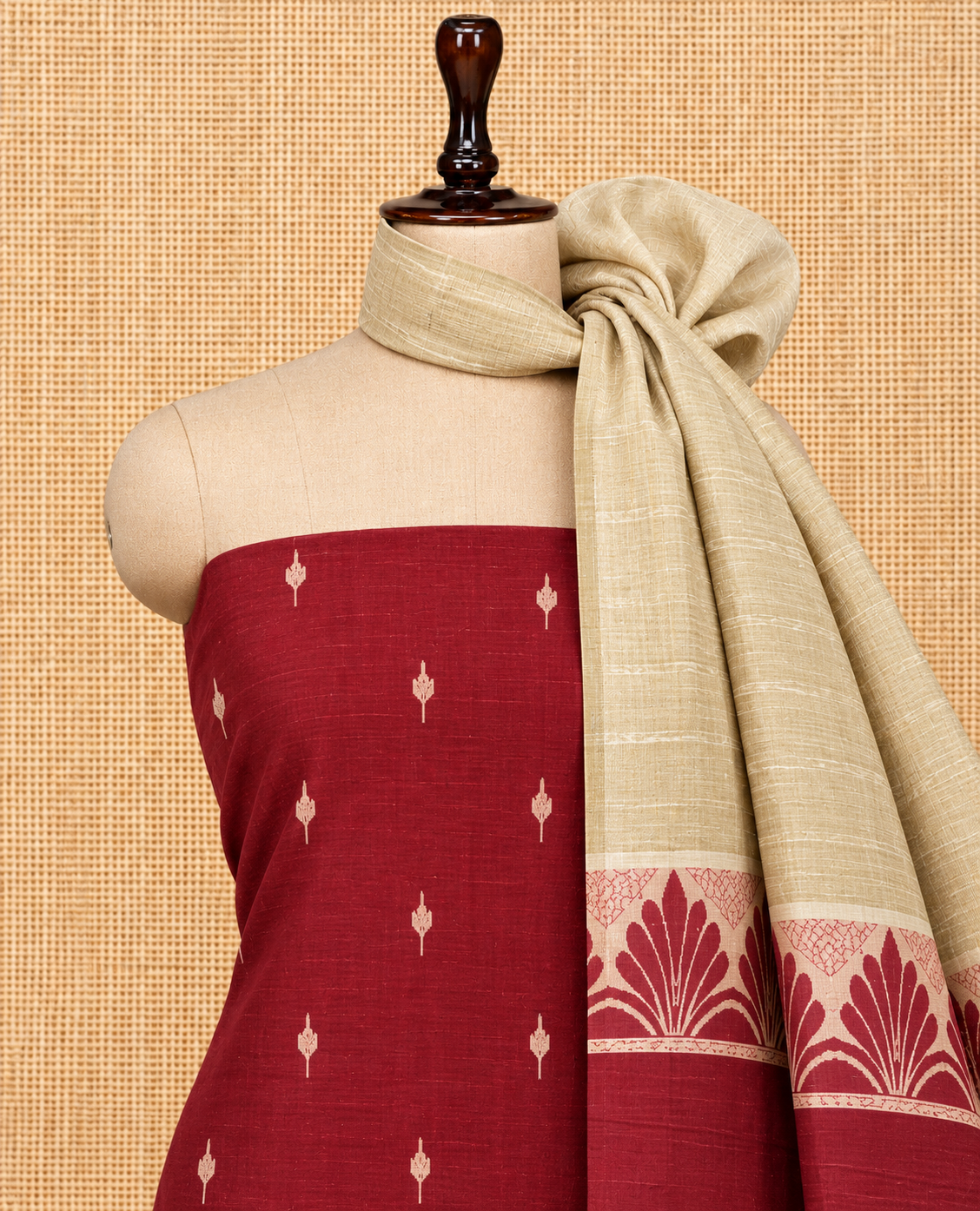Elegant Maroon Woven Checks with Leaf Butta Cotton Salwar Material - SM060