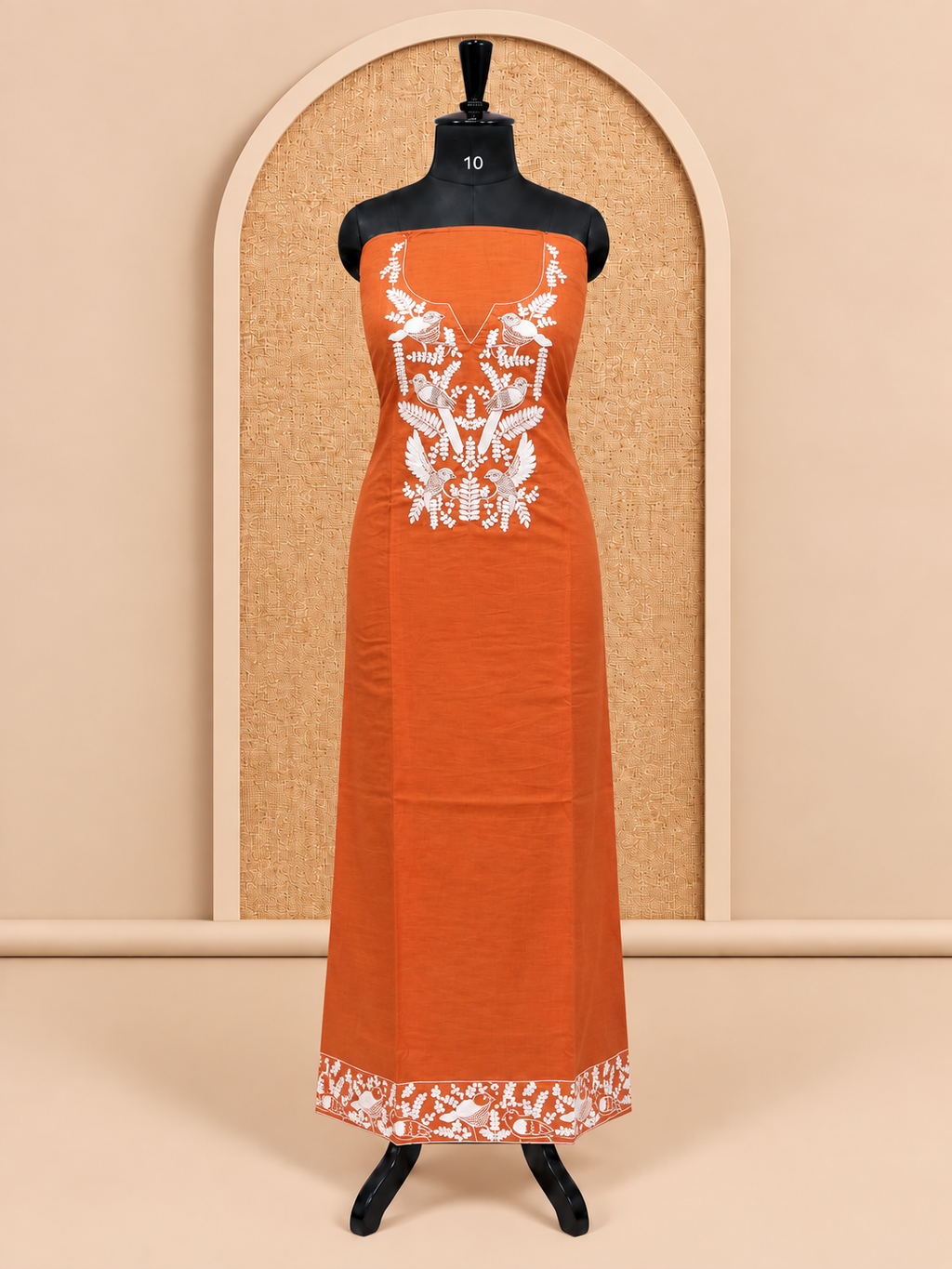 Elegant Rust Orange Bird & Leaf Embroidered Cotton Salwar Material - SM060
