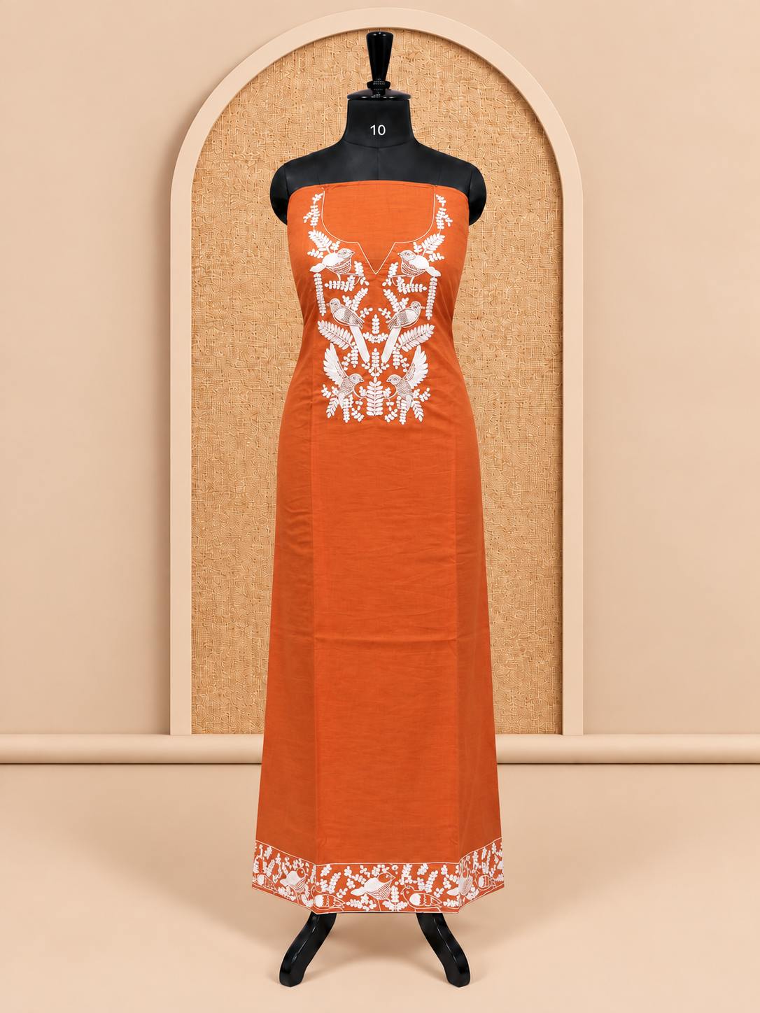 Elegant Rust Orange Bird & Leaf Embroidered Cotton Salwar Material - SM060