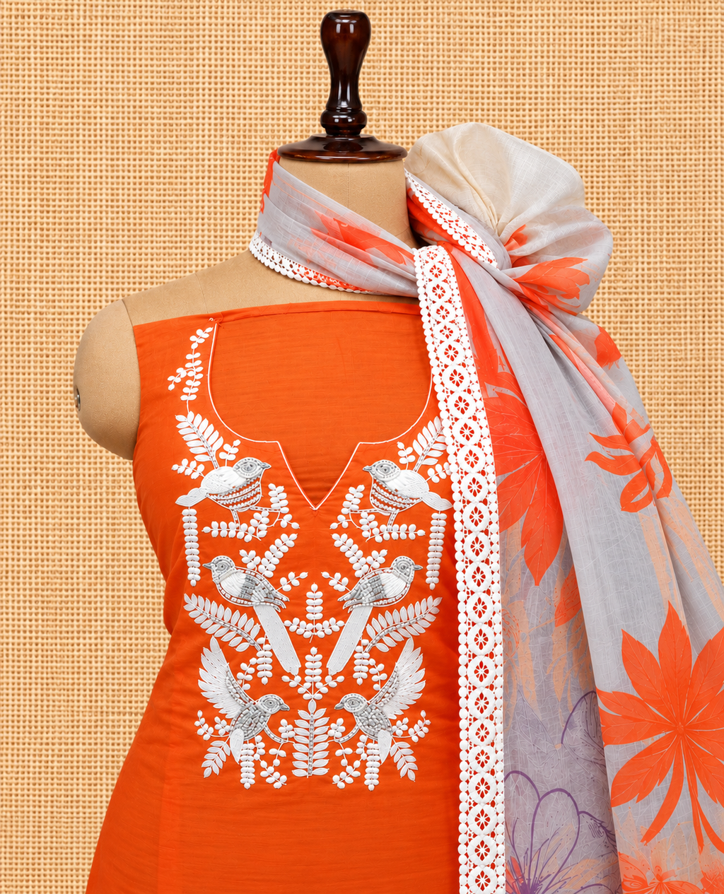 Elegant Rust Orange Bird & Leaf Embroidered Cotton Salwar Material - SM060