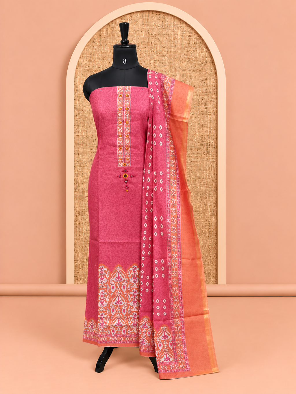 Premium Rani Pink Mirror & Thread Work Cotton Salwar Material - SM060