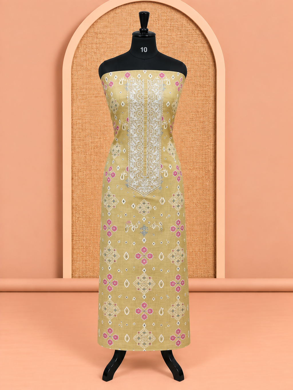 Premium gold-khakifarbenes bedrucktes Salwar-Material aus Baumwolle mit Stickerei - SM060