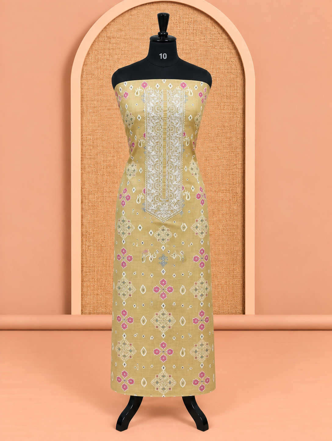 Premium Golden Khaki Printed with Embroidered Cotton Salwar Material - SM060